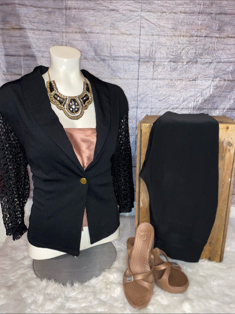 Ashley Blue Black Blazer with Crochet Lace Sleeves & Back